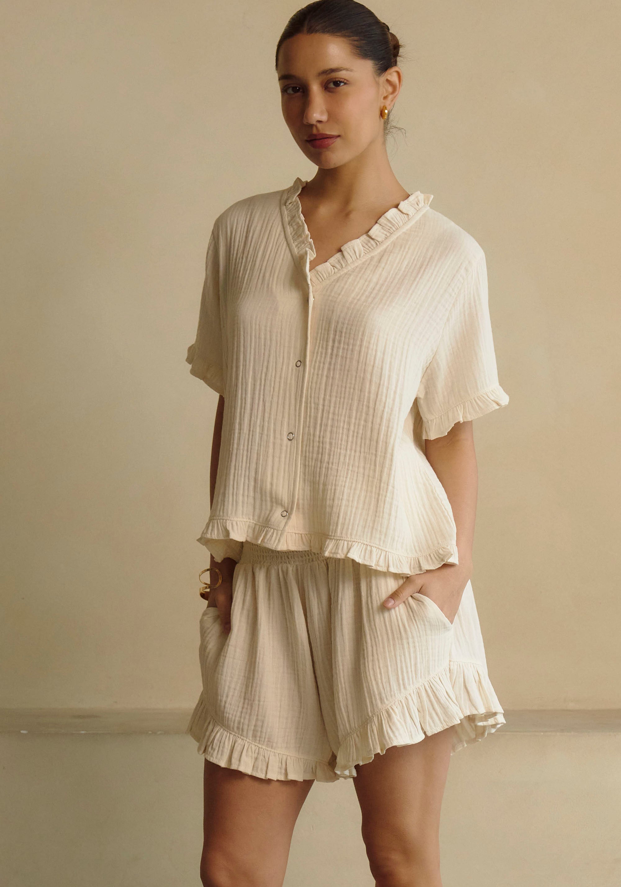FRILLED MUSLIN TOP & SHORTS SET