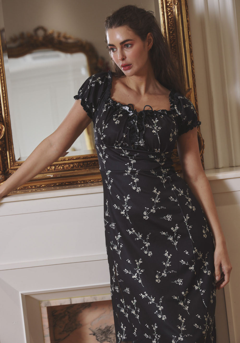 Super Stretchy Milkmaid Dress with Ruffles Black / M/L