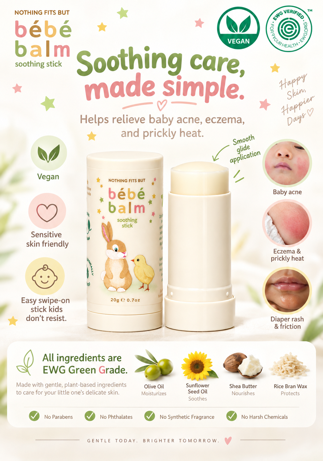 BÉBÉ BALM : EWG GREEN VEGAN SOOTHING STICK FOR DIAPER RASH, DROOL & DRY BABY SKIN