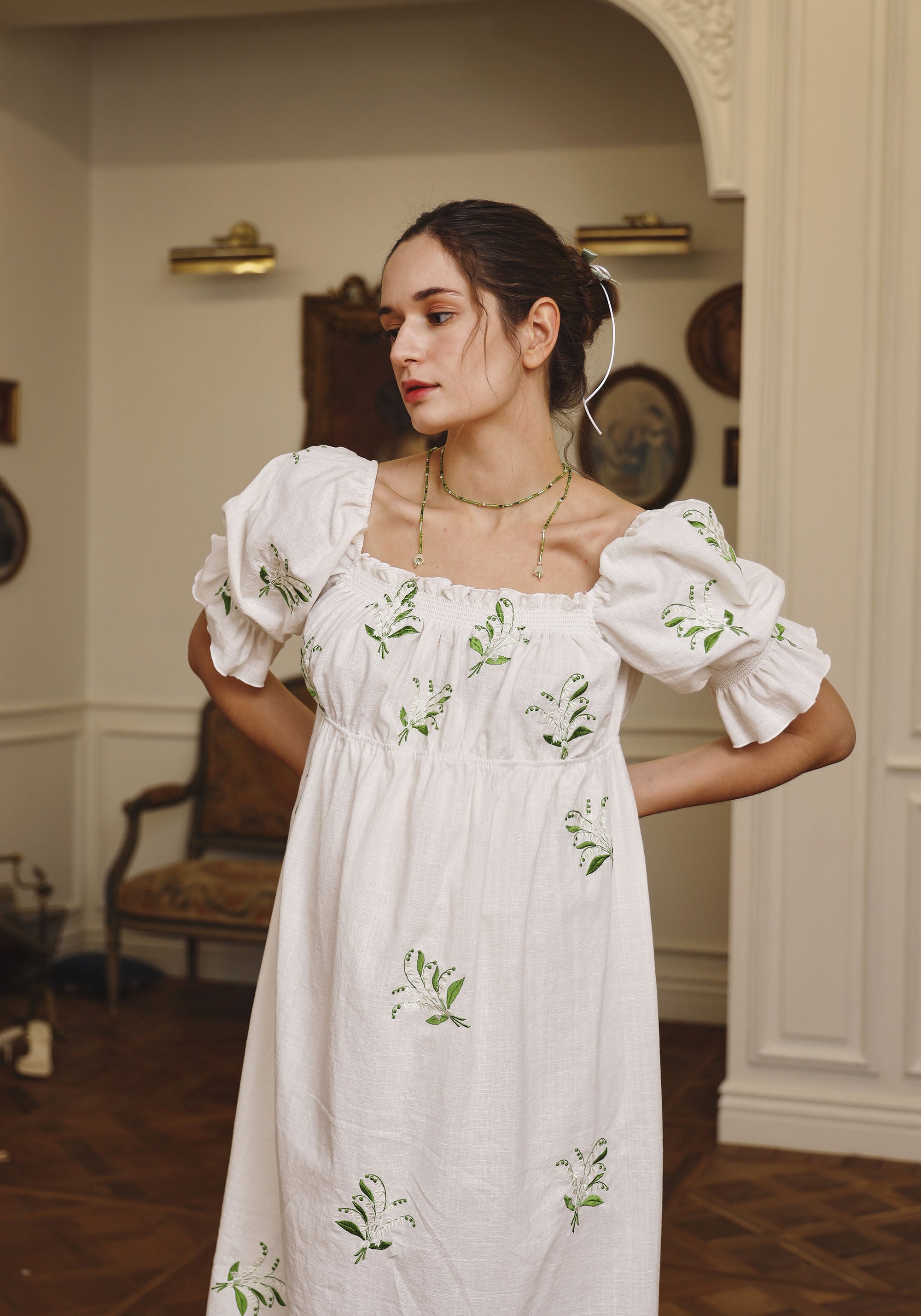 LINEN LILY EMBROIDERY MAXI DRESS