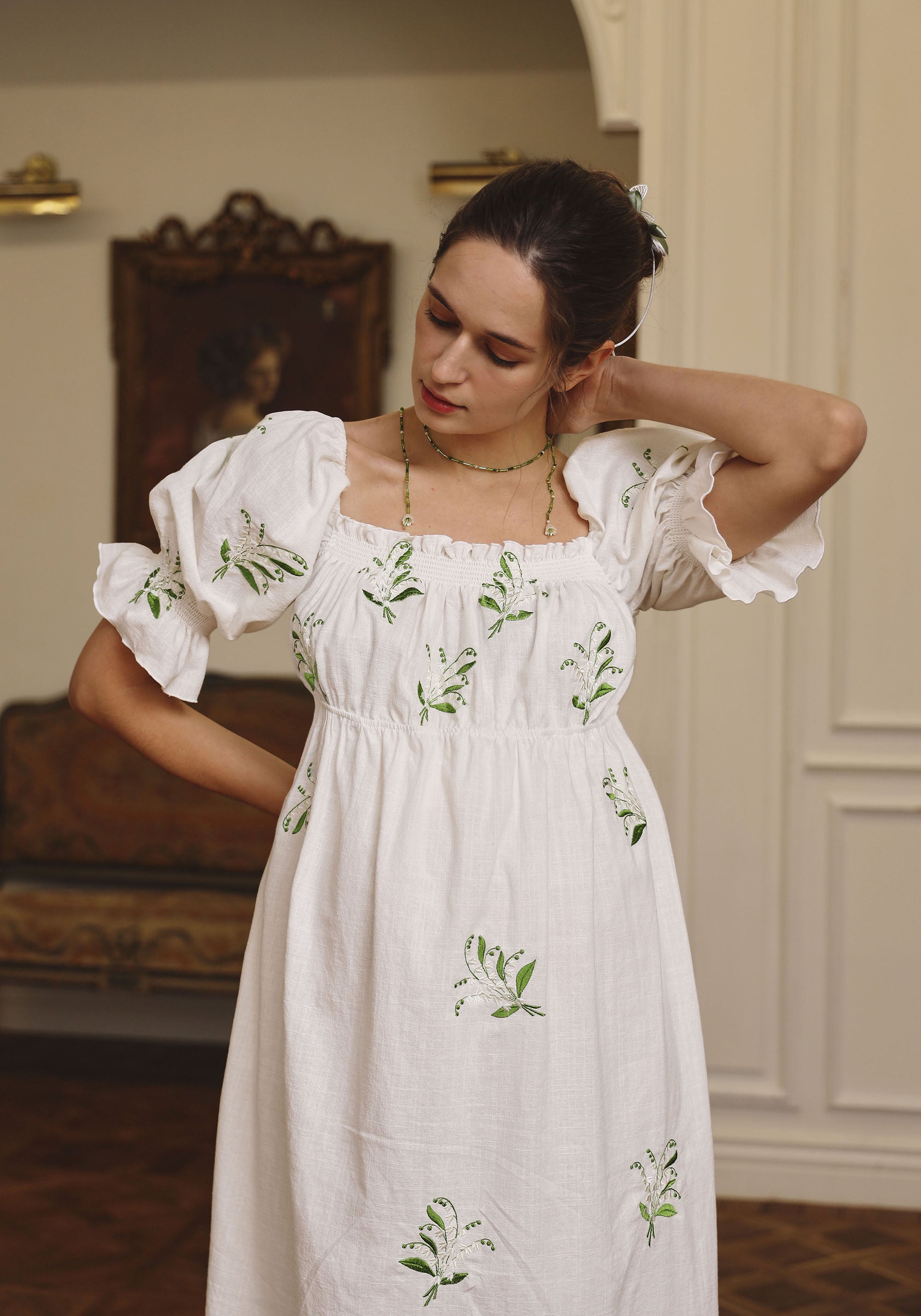 LINEN LILY EMBROIDERY MAXI DRESS