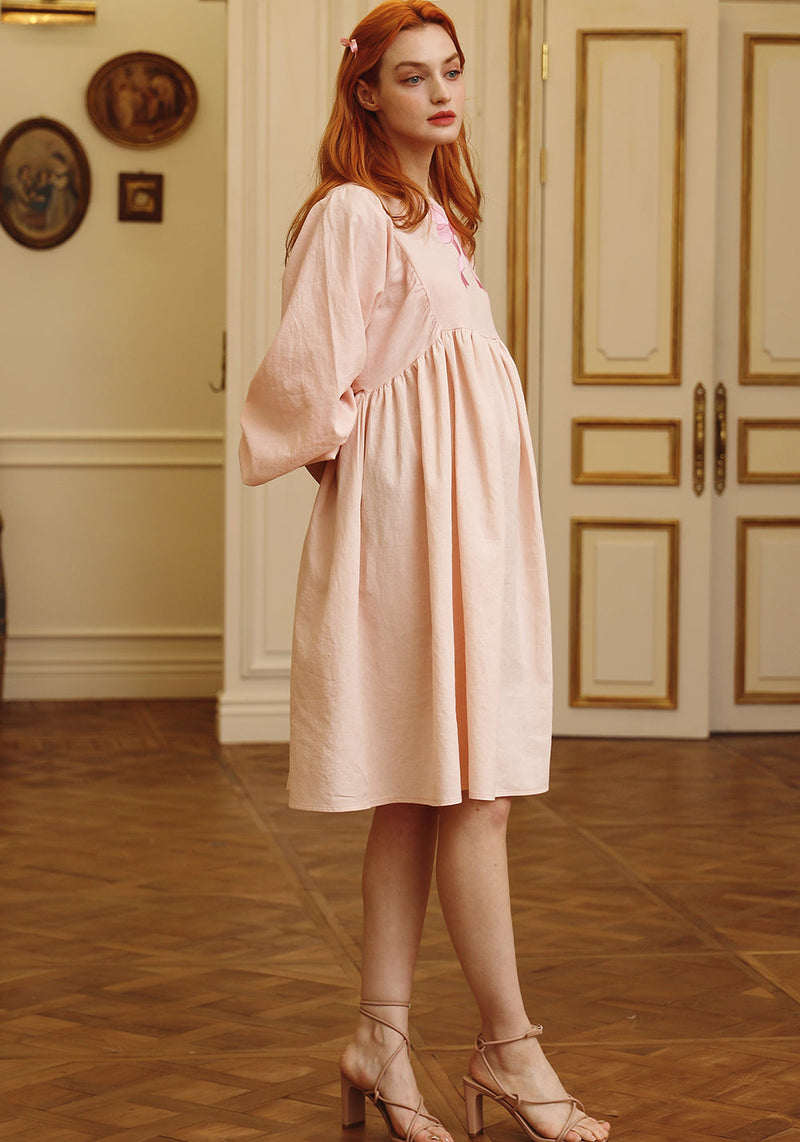 LINEN BOW EMBROIDERY DRESS