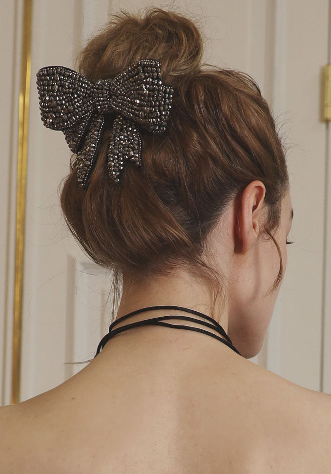 HAND-SEWN BEADED BOW FRENCH BARRETTE HAIR PIN