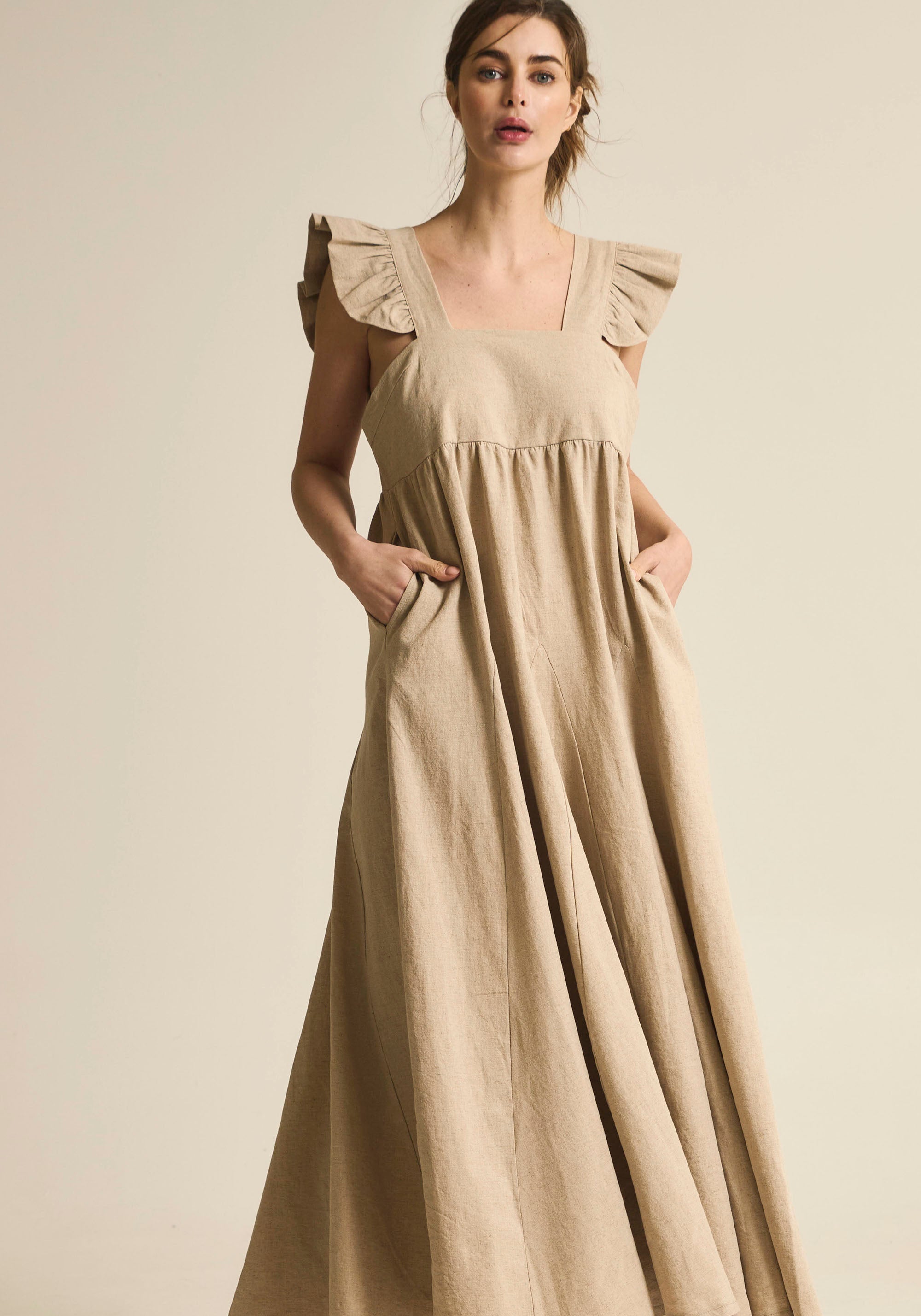 [FINAL SALE] FLARED MAXI LINEN RUFFLE DRESS