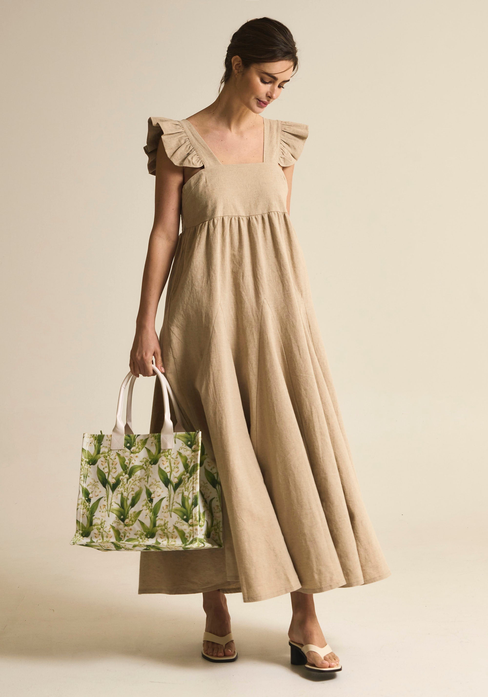 [FINAL SALE] FLARED MAXI LINEN RUFFLE DRESS