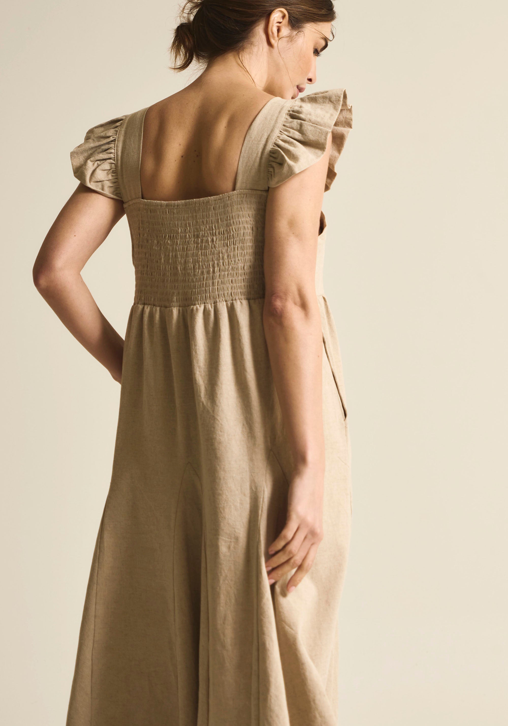 [FINAL SALE] FLARED MAXI LINEN RUFFLE DRESS