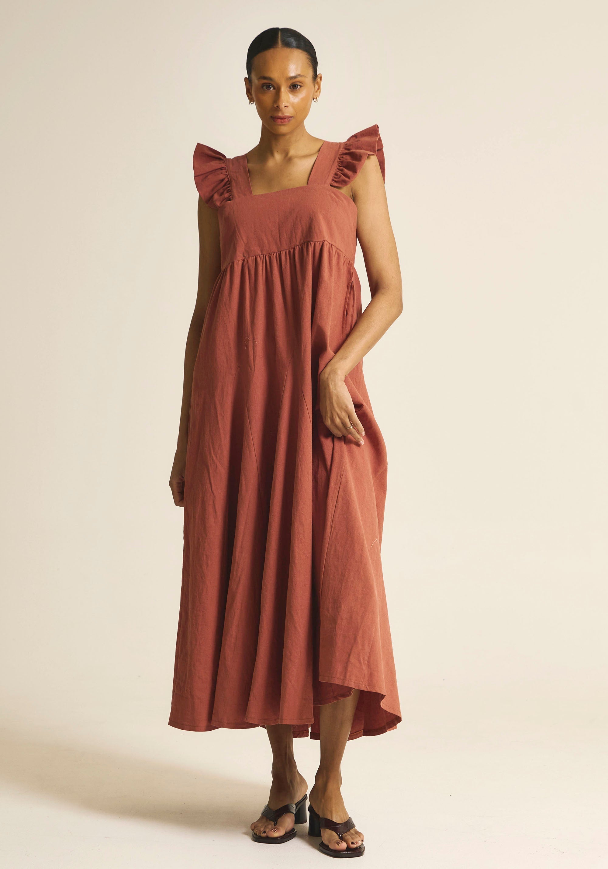 [FINAL SALE] FLARED MAXI LINEN RUFFLE DRESS