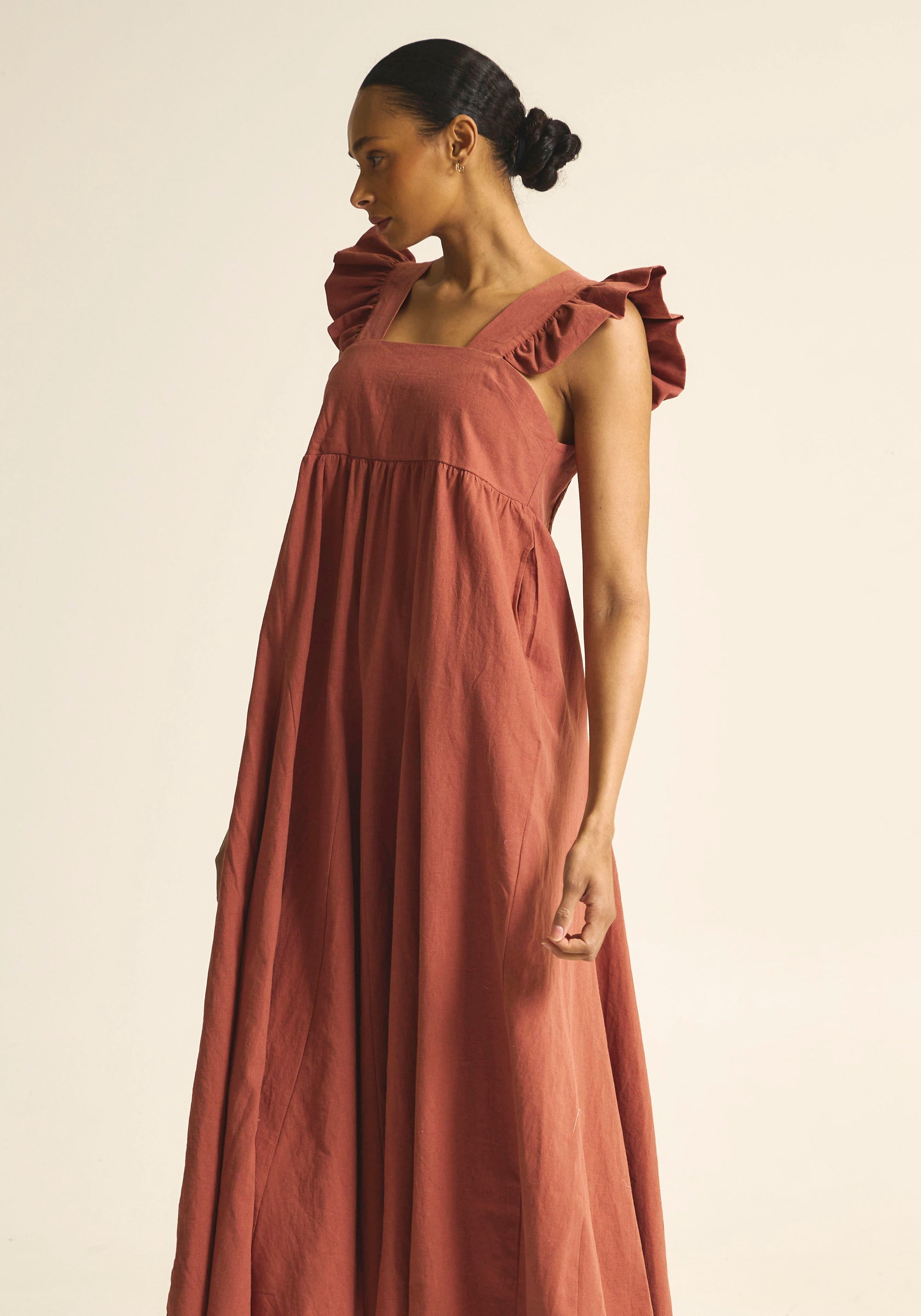 [FINAL SALE] FLARED MAXI LINEN RUFFLE DRESS