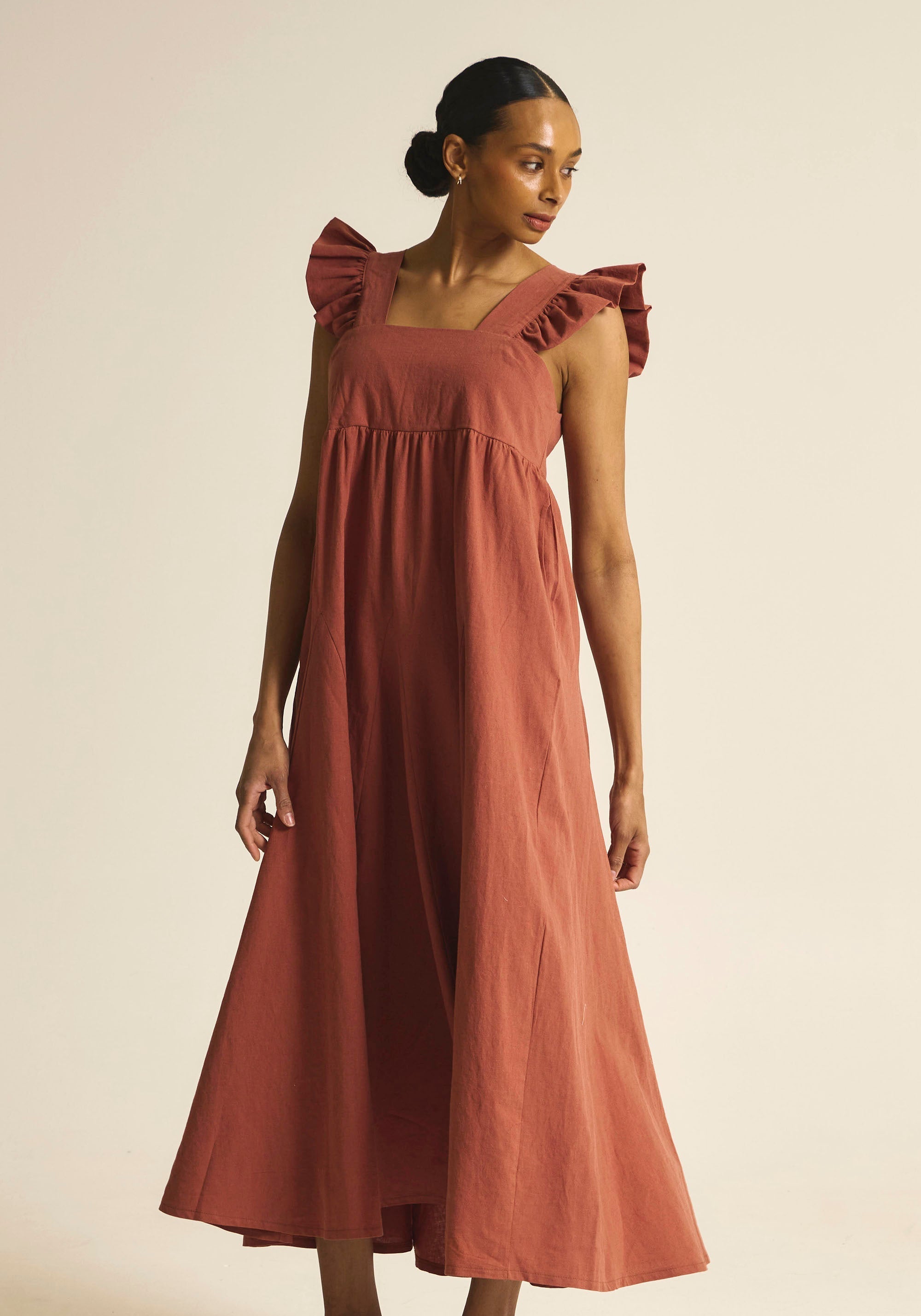 [FINAL SALE] FLARED MAXI LINEN RUFFLE DRESS