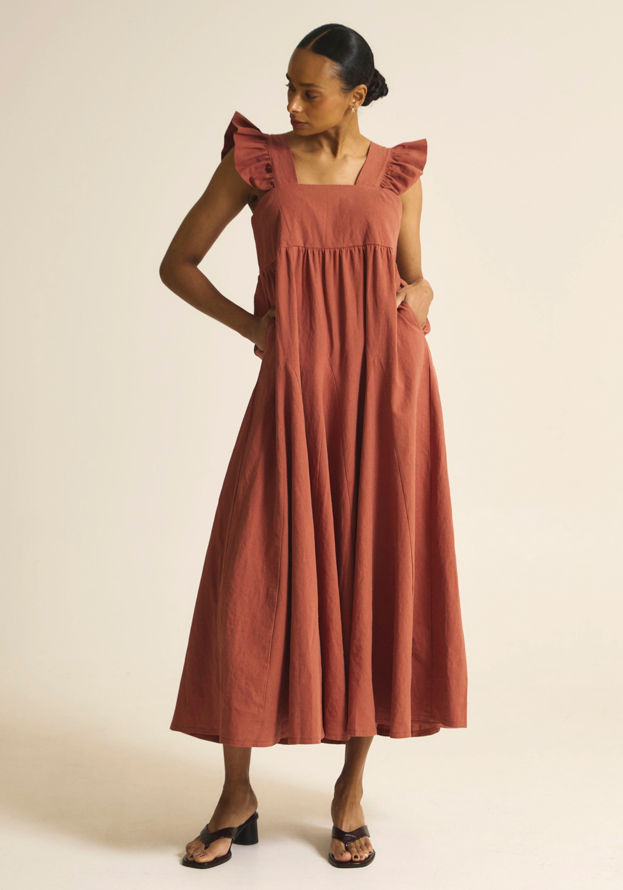 [FINAL SALE] FLARED MAXI LINEN RUFFLE DRESS