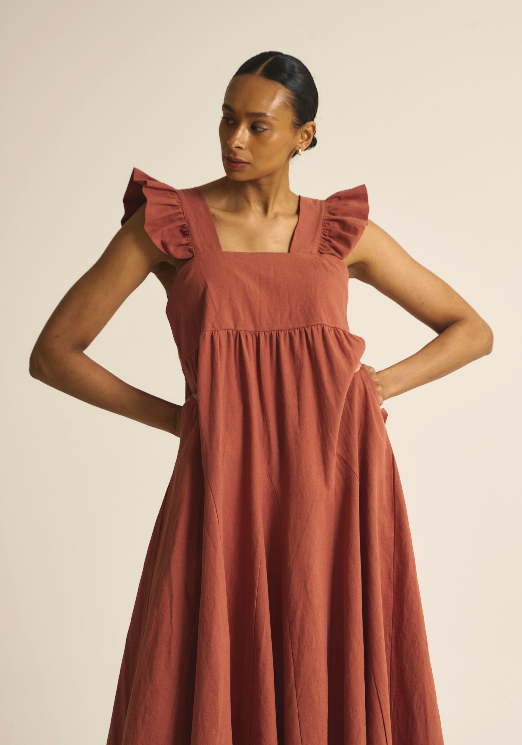 [FINAL SALE] FLARED MAXI LINEN RUFFLE DRESS