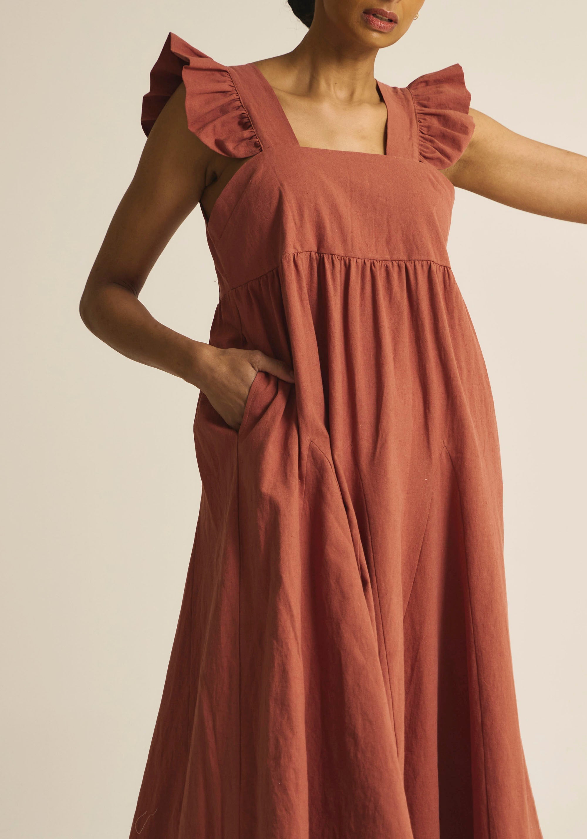 [FINAL SALE] FLARED MAXI LINEN RUFFLE DRESS